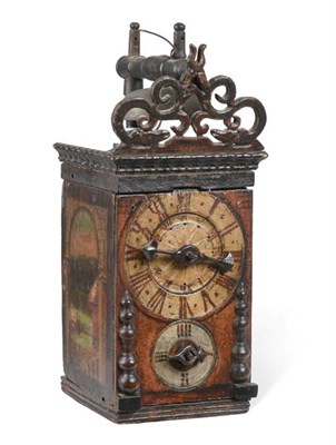 Lot 75 - An Unusual Swiss/Bavarian Polychrome Painted Wooden Striking Alarm Wall Clock, 18th century, wooden