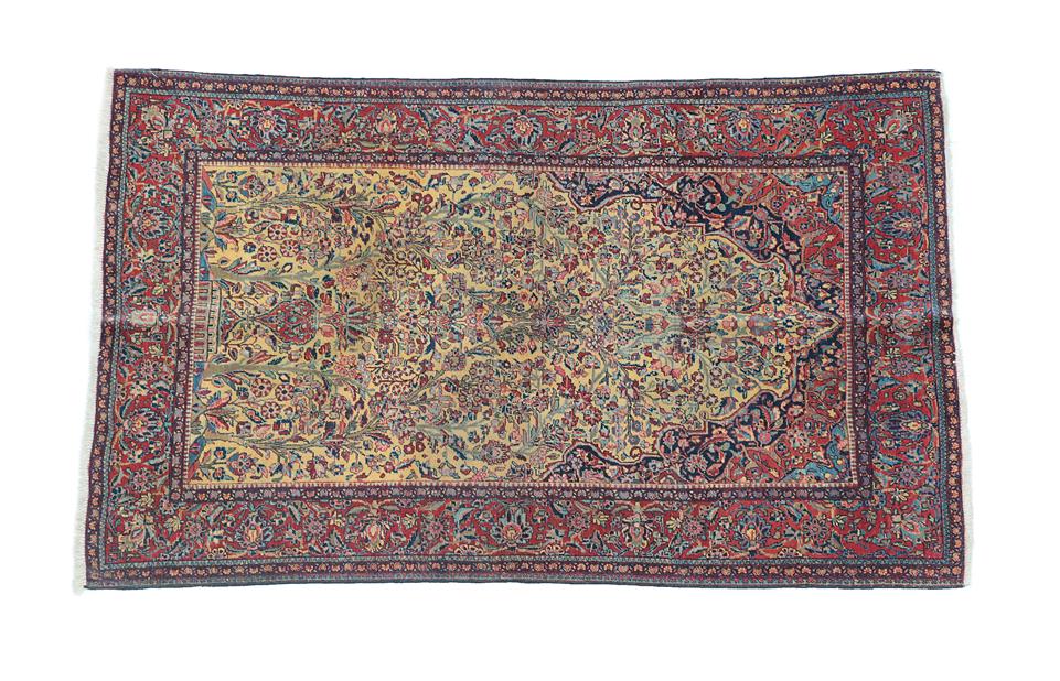 Lot 111 - Kasvin Prayer Rug North West Iran, circa 1930 The lemon field with urn issuing flowers...