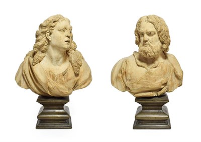 Lot 135 - A Pair of French Carved Wood Busts, 18th century, modelled as a youth with flowing hair and...