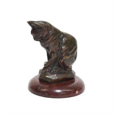 Lot 141 - Antoine-Louis Barye (1795-1875): Le Chat, bronze, signed BARYE, 9cm high, on a griotte marble base