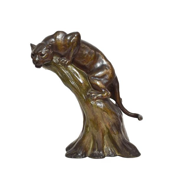 Lot 144 - Louis-Albert Carvin (1875-1951): A Bronze Figure of a Panther Climbing a Tree, signed L CARVIN...