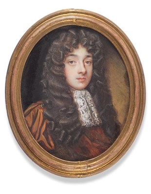 Lot 154 - English School (late 17th century): Miniature Portrait of a Man,  wearing an ochre coloured...