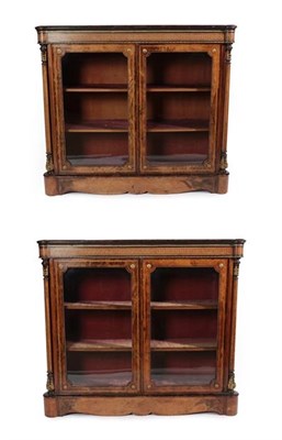 Lot 192 - A Pair of Victorian Figured Walnut and Parquetry Decorated Pier Cabinets, circa 1870, the...