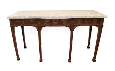 Lot 252 - An Adam Style Carved Mahogany Bowfront Serving Table, the modern grey veined marble top above three