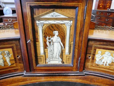 Lot 255 - A Late 19th Century Rosewood, Ivory and Penwork Inlaid Kidney Shape Writing Desk, labelled Wallis &