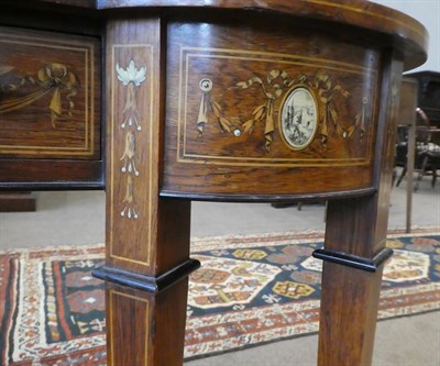Lot 255 - A Late 19th Century Rosewood, Ivory and Penwork Inlaid Kidney Shape Writing Desk, labelled Wallis &