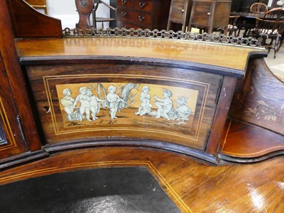 Lot 255 - A Late 19th Century Rosewood, Ivory and Penwork Inlaid Kidney Shape Writing Desk, labelled Wallis &