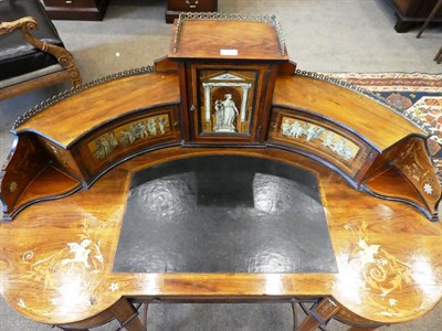 Lot 255 - A Late 19th Century Rosewood, Ivory and Penwork Inlaid Kidney Shape Writing Desk, labelled Wallis &