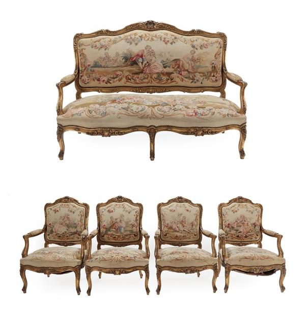 Lot 272 - A Louis XV Style Giltwood and Aubusson Salon Suite, late 19th century, comprising a...
