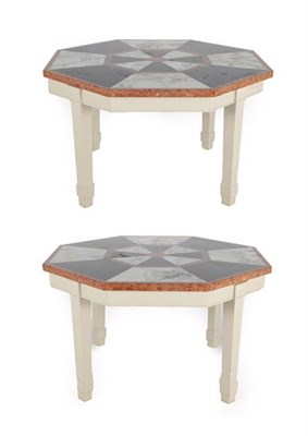 Lot 289 - A Pair of Octagonal Marble Top Centre Tables, modern, of geometric pattern made up with rouge,...