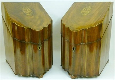 Lot 1081 - A Pair of George III Mahogany Knife Boxes, circa 1790, of typical serpentine fronted form with...