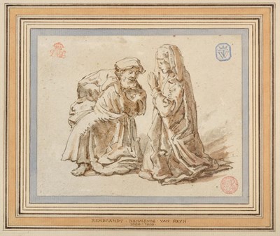 Lot 1000 - After Rembrandt van Rijn (1606-1669) Dutch  A man and woman kneeling  Mixed media, 11cm by 14cm...
