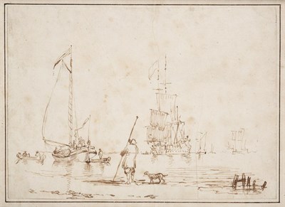 Lot 1003 - Attributed to Charles Brooking (1723-1759) Shipping vessels and figures in shallow waters...
