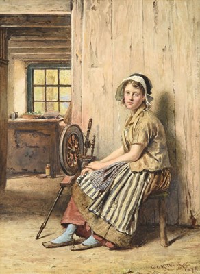 Lot 1009 - George Goodwin Kilburne RI, RBA (1839-1924) Spinner girl seated at her wheel in a cottage interior