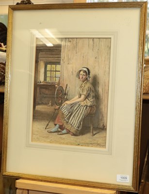 Lot 1009 - George Goodwin Kilburne RI, RBA (1839-1924) Spinner girl seated at her wheel in a cottage interior