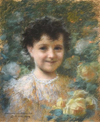 Lot 1011 - Emile Vernon (1872-1919)  Portrait of a young child amongst Yellow Roses  Signed, inscribed and...