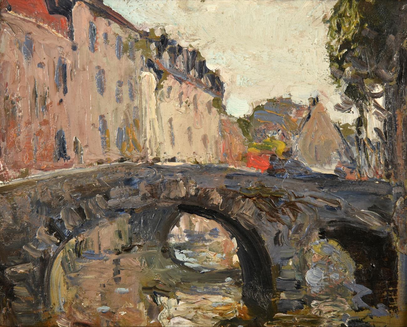 Lot 1019 - Alexander Jamieson (1873-1937) Scottish A bridge in Bruges Oil on panel, 13cm by 16.5cm...
