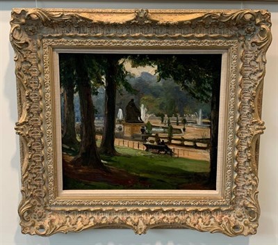 Lot 1023 - Alexander Jamieson (1873-1937) Scottish Resting on a bench, Tuileries Gardens, Paris Oil on...