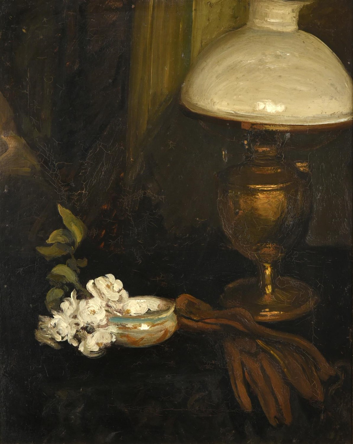 Lot 1030 - Alexander Jamieson (1873-1937) Scottish Still life with brass lamp Oil on canvas, 49cm by 39cm...