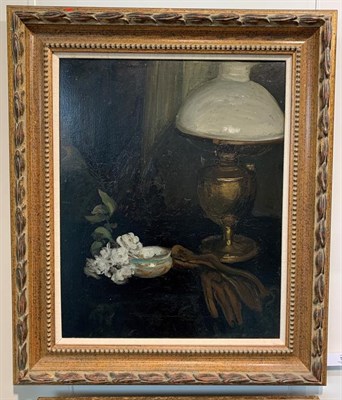Lot 1030 - Alexander Jamieson (1873-1937) Scottish Still life with brass lamp Oil on canvas, 49cm by 39cm...