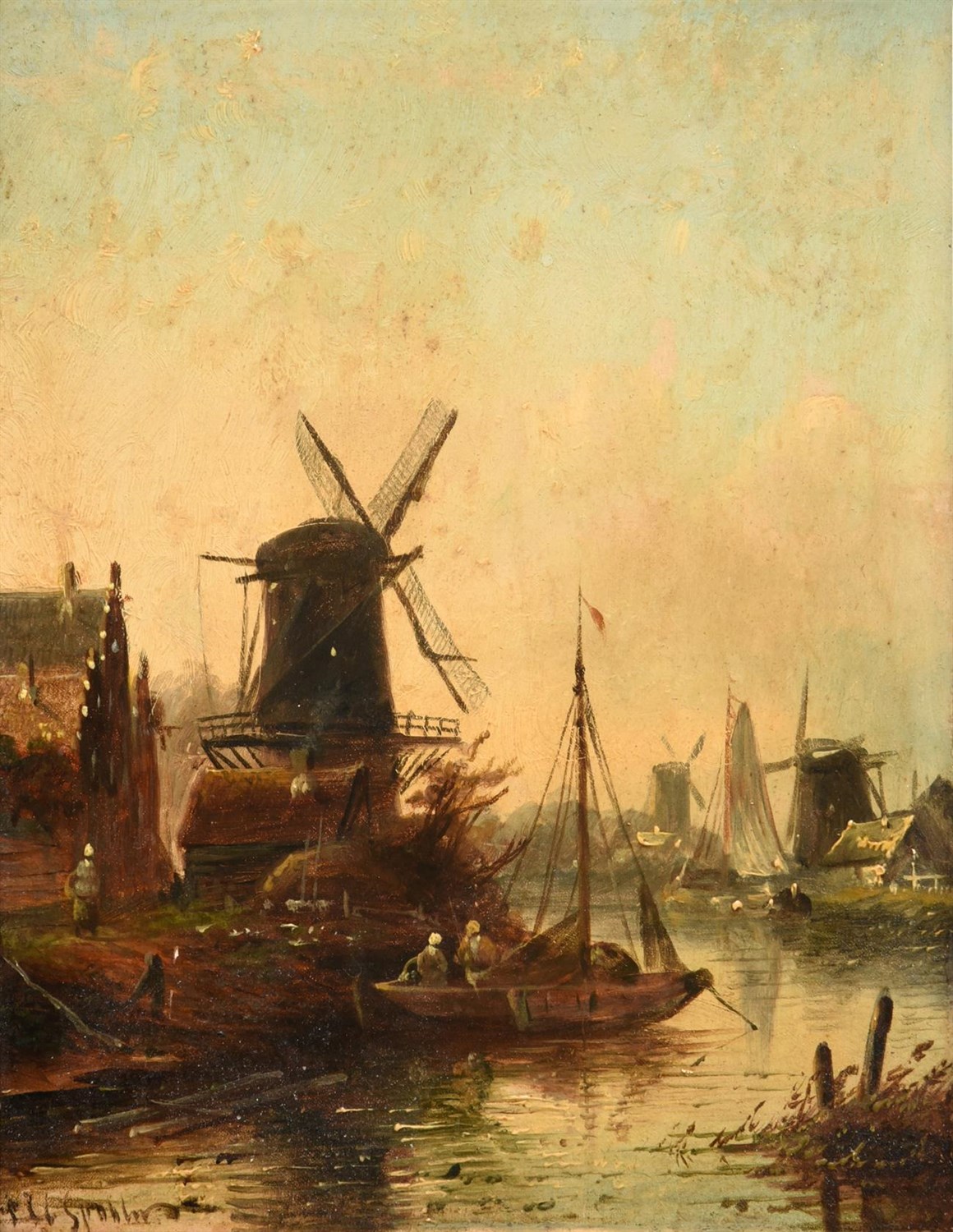 Lot 1033 - Attributed to Jacob Jan Coenraad Spohler (1837-1894) Dutch Canal scene with windmills Signed,...