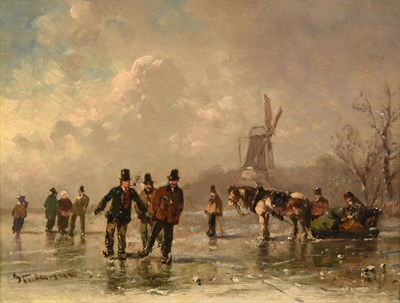 Lot 1035 - Adolf Stademann (1824-1895) German Ice skaters on a frozen river  Signed, oil on panel, 22cm by...