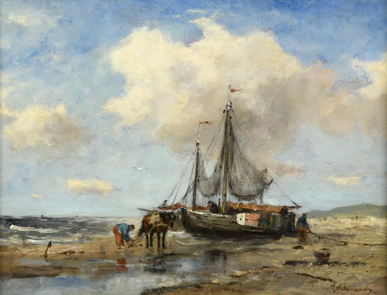 Lot 1038 - Johan Frederick Cornelis Scherrewitz (1886-1951) Dutch ''Low Tide, Scheveningen'' Signed, oil...