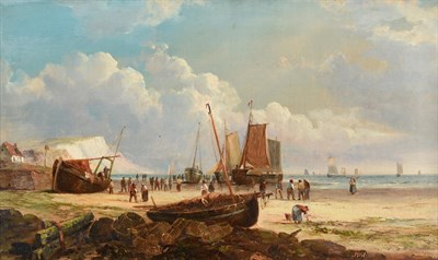 Lot 1039 - John James Wilson (1818-1875) Fisherfolk, beached vessels and lobster pots on a shore  Fishing boat