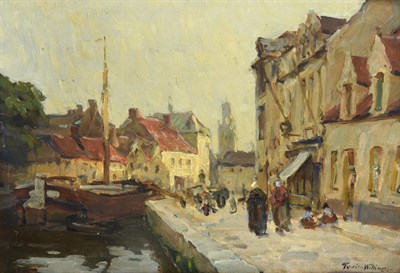 Lot 1047 - Terrick Williams RA, RI, ROI, RWA, RBC (1860-1936) ''A canal, Bruges''  Signed, signed and...