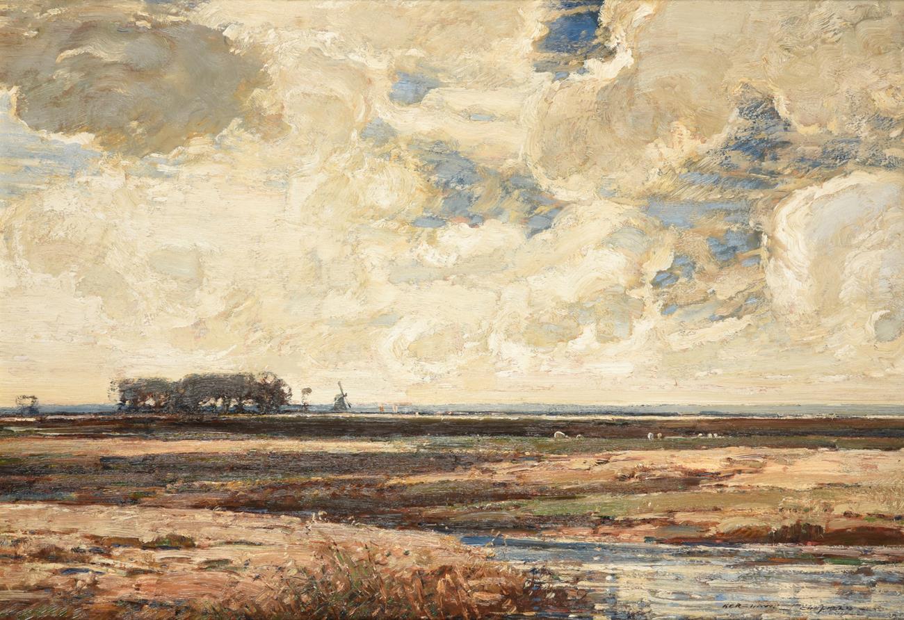 Lot 1053 - Kershaw Schofield (1875-1941) An extensive landscape with windmill and cattle grazing Signed,...