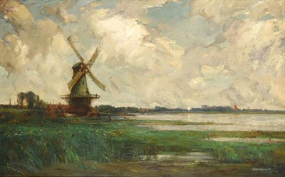 Lot 1054 - Kershaw Schofield (1875-1941) Estuary scene with windmill Signed, oil on canvas, 74.5cm by 120cm