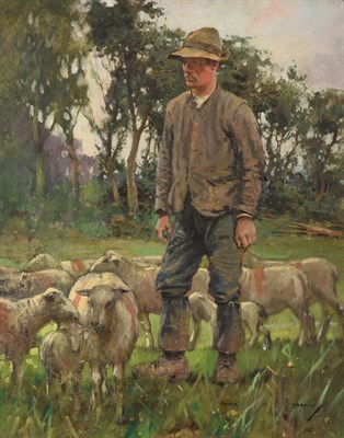 Lot 1055 - Francis Patrick Martin (1883-1966) Scottish  Standing shepherd and his flock Signed, oil on canvas