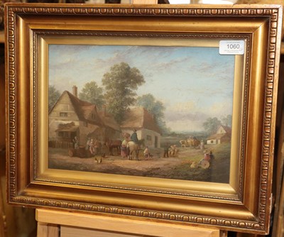 Lot 1060 - Attributed to Georgina Lara (fl.1862-1871) Village scene with figures  Cart horse and figures...