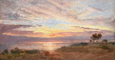 Lot 1064 - Albert Goodwin RWS (1845-1932) Sunset over wetlands  Signed, oil on canvas, 48.5cm by 92cm...