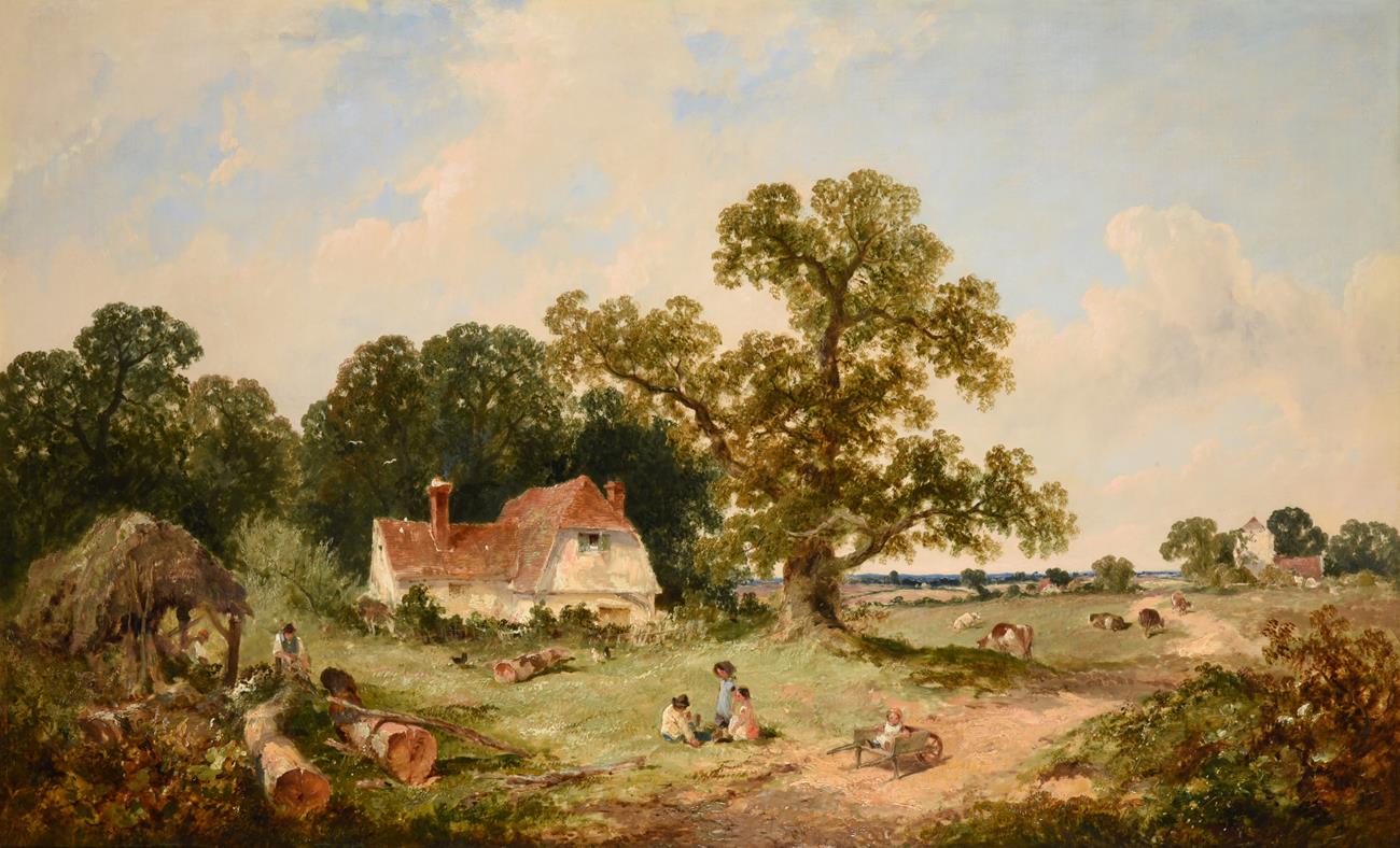 Lot 1067 - James Edward Meadows (1828-1888) Timber cutting before a cottage in an extensive landscape...