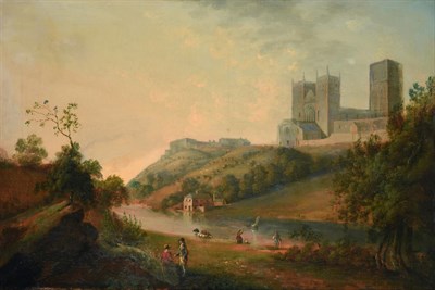 Lot 1072 - British School (18th/19th century)  A view of Durham Cathedral with figures on the river bank...