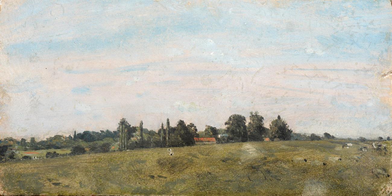 Lot 1074 - Circle of John Constable RA (1776-1837)  Extensive landscape with building and sheep grazing...