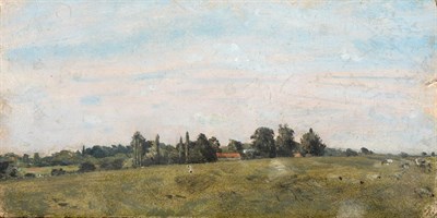 Lot 1074 - Circle of John Constable RA (1776-1837)  Extensive landscape with building and sheep grazing...