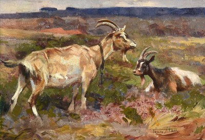 Lot 1078 - Frederick (Fred) Hall (1860-1948)  Goats in a landscape  Signed, oil on board, 18.5cm by 27cm   See