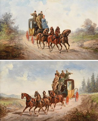 Lot 1081 - Rudolph Stone (1800-1900)  Coaching scene with a lady and gentleman driver Initialled, oil on...