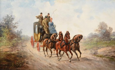 Lot 1081 - Rudolph Stone (1800-1900)  Coaching scene with a lady and gentleman driver Initialled, oil on...
