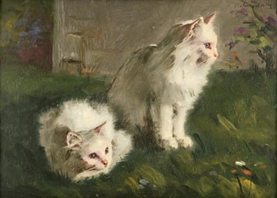 Lot 1082 - Circle of Alfred Arthur Brunel de Neuville (1852-1941)  Study of two cats  Indistinctly signed, oil