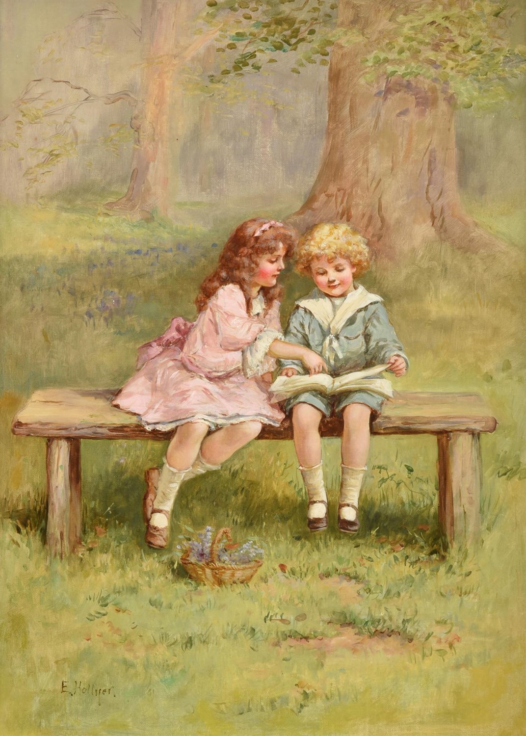 Lot 1083 - Eva Hollyer (fl.1891-1898)  A rest in the bluebell woodland - two young children seated on a...