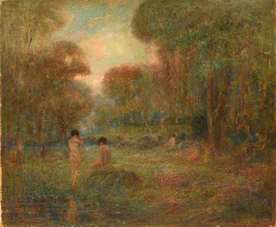 Lot 1085 - Circle of Robert Macaulay Stevenson (1854-1952) Scottish  Young boys bathing in a woodland pool...
