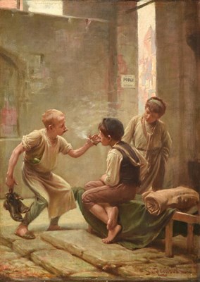 Lot 1087 - Circle of Karl Witkowski (1860-1910) Polish/American Street urchins on the backstreets of a...