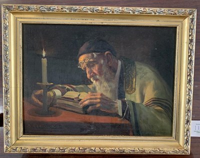 Lot 1114 - Continental School (early 20th century) Rabbi studying by candlelight  Rabbi studying  Indistinctly