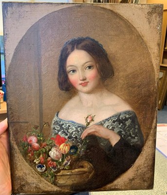 Lot 1116 - Circle of William Powell Frith RA (1819-1909) Portrait of a young lady arranging flowers Bears...