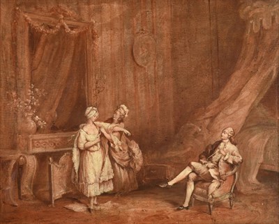 Lot 1123 - Follower of Nicolas Lancret (1690-1743) Fashionable figures dressing in a Rococo interior  Oil...
