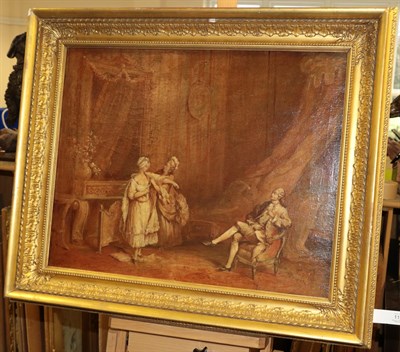 Lot 1123 - Follower of Nicolas Lancret (1690-1743) Fashionable figures dressing in a Rococo interior  Oil...