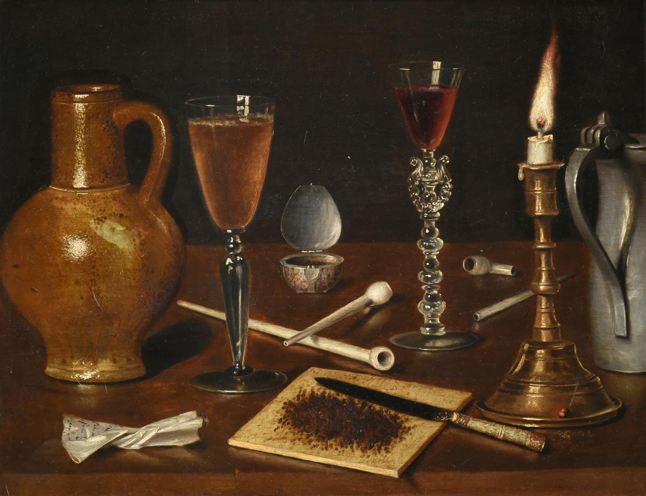 Lot 1130 - Circle of Clara Peeters (fl.1607-1621) Flemish  Vanitas still life with burning candle, a clay...